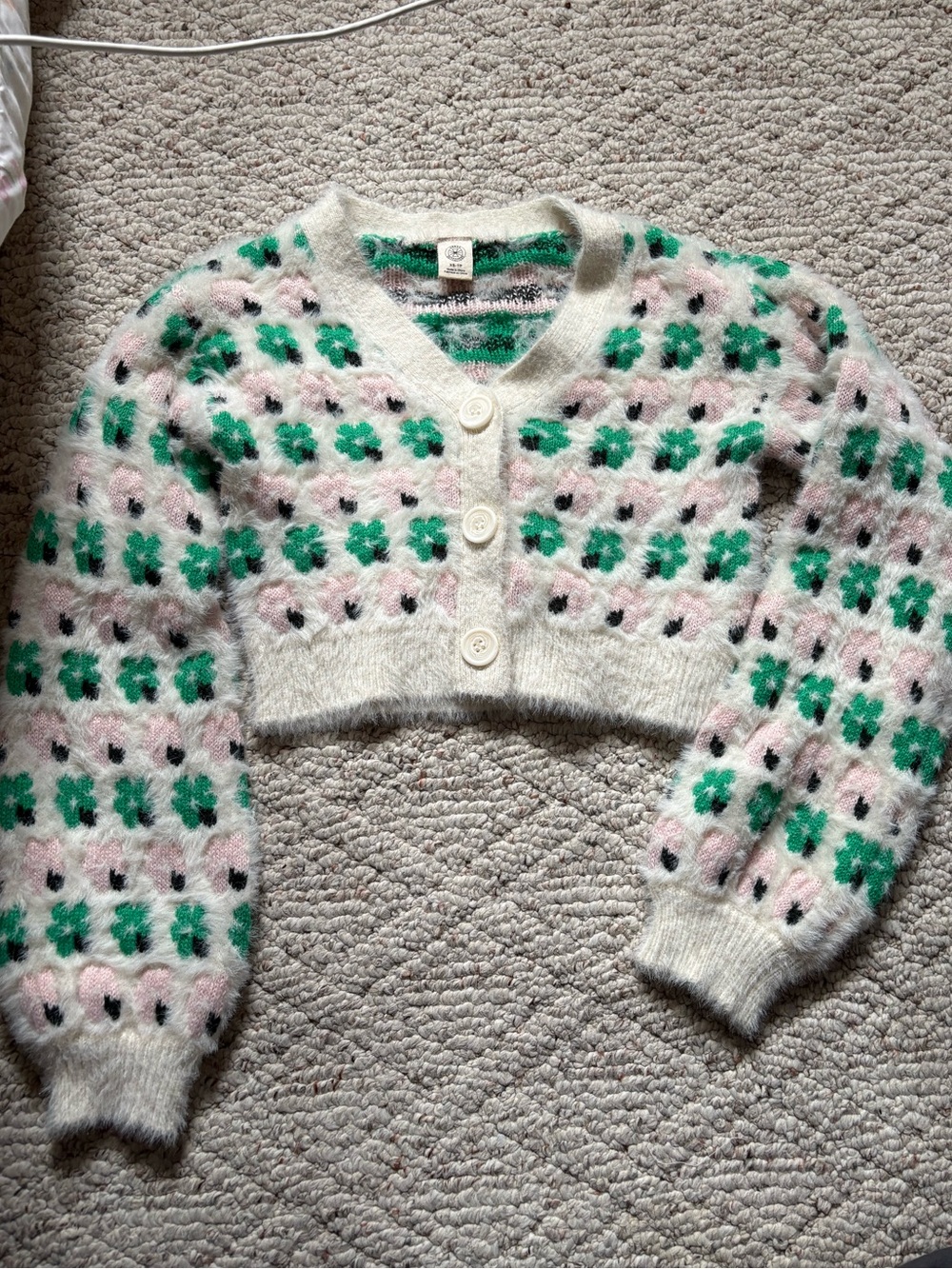 Urban Outfitters Cropped Fuzzy Cardigan - Cream, Pink & Green